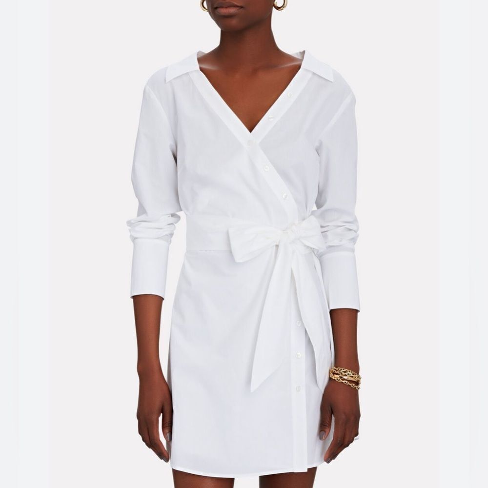Intermix Maggie Cotton Poplin Asymmetrical Button Wrap Shirt Dress White 6